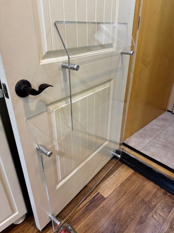 custom-half-door-elevator-baffle-3-375-inch-projection Custom residential elevator door baffle with 3-3/8-inch projection featuring dual acrylic bends and aluminum standoff mounting hardware.