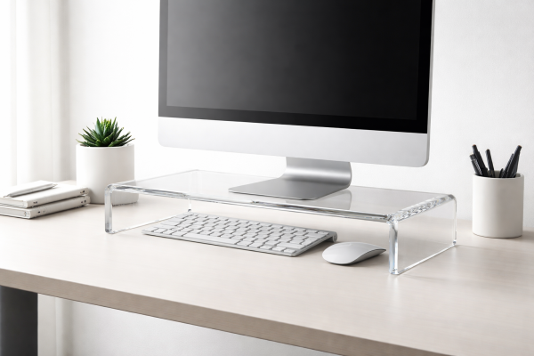 Premium 1/2 inch thick clear acrylic monitor stand on modern desk with keyboard storage underneath